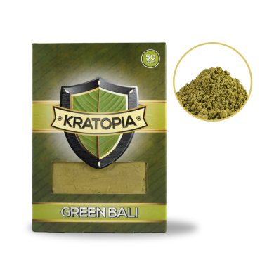 Green Bali Kratom front view + contents Kratopia