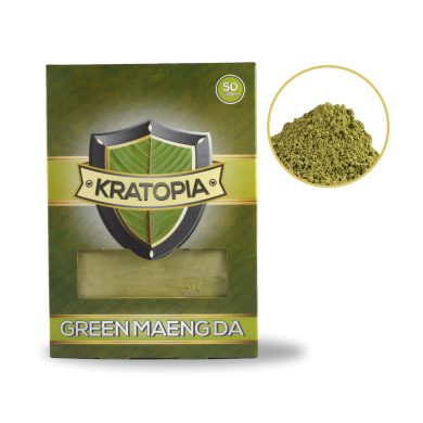 Green Maeng Da Kratom front view + contents Kratopia