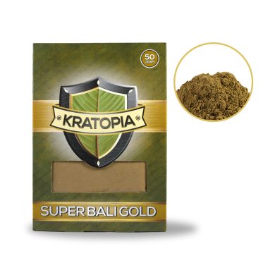 Super Bali Gold Kratom front view + contents Kratopia