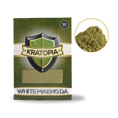 White Maeng Da Kratom front view + contents Kratopia