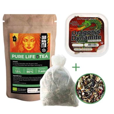 Tripping Tea with Dragon's Dynamite 20 grams of magic truffles and Pure Life Bio Tea for adventurous explorers.